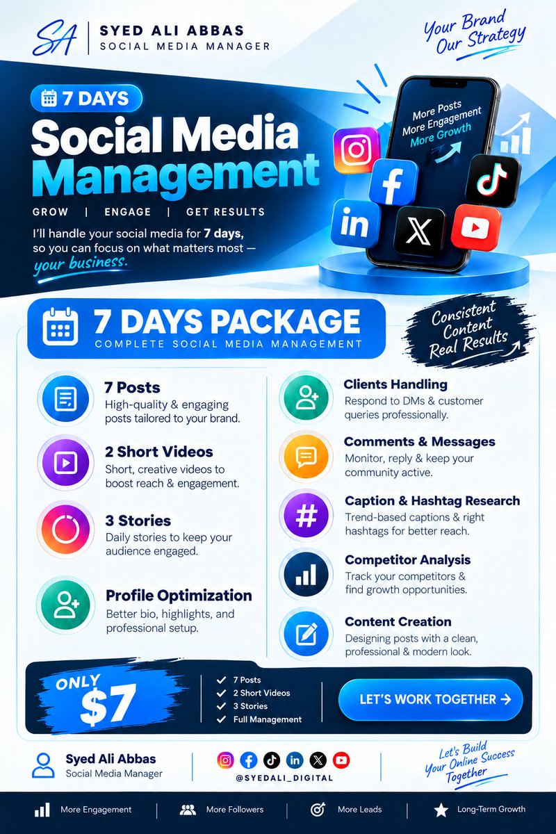 SocialNook07's tweet photo. 7-Day Social Media Management for just $7 🚀
Posts • Videos • Stories • Engagement • Growth

📩 DM to get started! #SocialMediaMarketing #DigitalMarketing #SMM https://t.co/Lu0cIp6fff