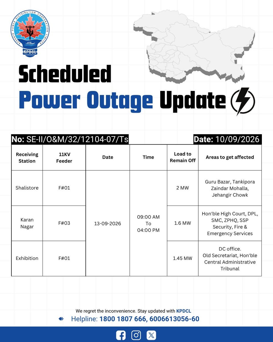 kpdcloffice's tweet photo. Scheduled Power Shutdown Update 

Stay prepared!

We regret the inconvenience caused.

#KPDCL #SHUTDOWN

@CM_JnK @OfficeOfLGJandK @diprjk @nasirsogami @DivComKash @GreaterKashmir @RisingKashmir https://t.co/pRAPigG87X