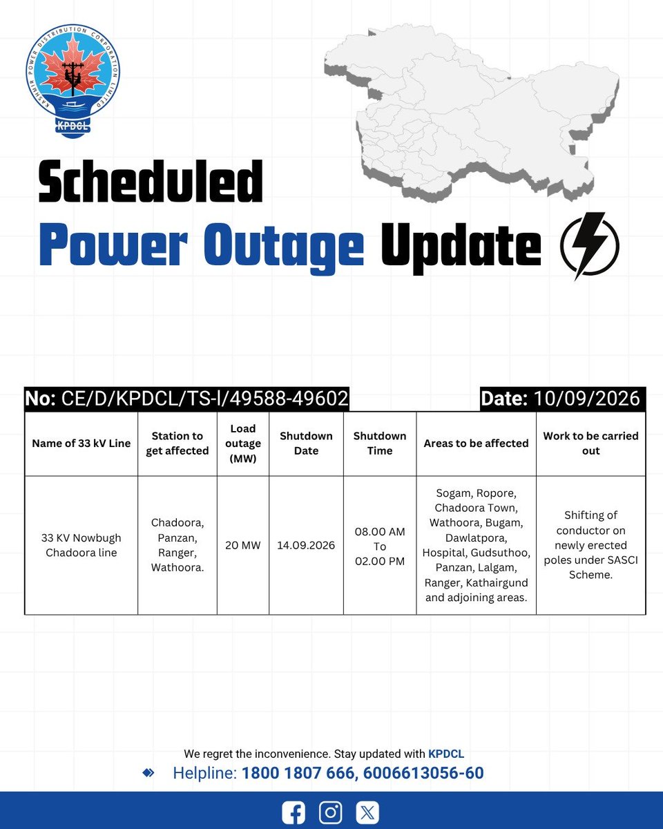kpdcloffice's tweet photo. Scheduled Power Shutdown Update 

Stay prepared!

We regret the inconvenience caused.

#KPDCL #SHUTDOWN

@CM_JnK @OfficeOfLGJandK @diprjk @nasirsogami @DivComKash @GreaterKashmir @RisingKashmir https://t.co/pRAPigG87X