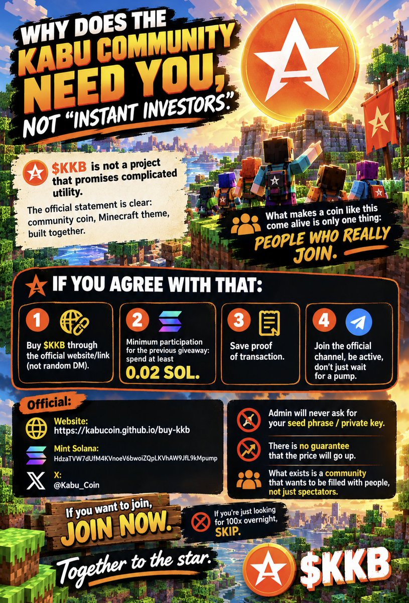 Kabu_Coin's tweet photo. KABU $KKB — Built by the Community, Not for Instant Investors ⭐

$KKB is a community coin with a Minecraft-inspired theme, built together by people who genuinely want to be part of the community.

We are not promising complicated utility.
We are not guaranteeing profits or a price increase.
And we are not looking for people chasing a 100x overnight.

What makes a community coin come alive is REAL PEOPLE who participate.

If you want to join KABU:

🔸 Buy $KKB through the official links — never random DMs.
🔸 Previous giveaway participation minimum: 0.02 SOL equivalent purchase.
🔸 Keep your transaction proof.
🔸 Join the official community and be active — don't just wait for a pump.

🔗 OFFICIAL LINKS

https://t.co/OHtUAxbv9Q:
https://t.co/G4ZwP4d0nH

DEX / DexScreener:
https://t.co/QXbmEl4UQm

Website:
https://t.co/yz57T38MON

Mint (Solana):
HdzaTVW7dUfM4KVnoeV6bwoiZQpLKVhAW9JfL9kMpump

X:
@Kabu_Coin

⚠️ SECURITY NOTICE

KABU admins will NEVER ask for your seed phrase or private key.

There is NO guarantee that the price will increase.

What we want to build is a community filled with people — NOT spectators.

If you want to be part of it, JOIN NOW.

If you're only looking for a 100x overnight, SKIP IT.

⭐ Together to the star.
$KKB | KABU