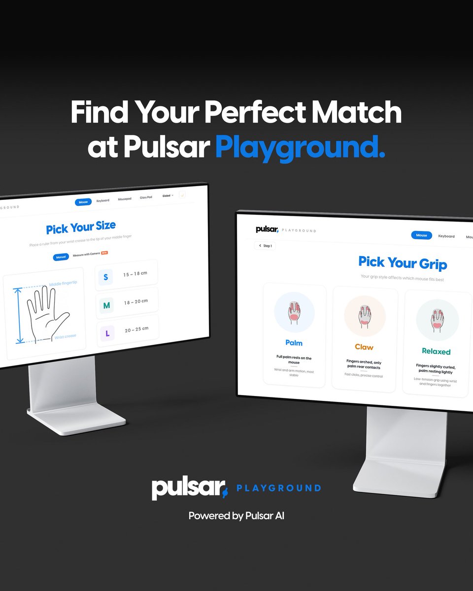 PulsarGears's tweet photo. ✨ Find Your Perfect Match at Pulsar Playground ✨

We originally introduced our exclusive hand measurement tool offline at the Pulsar Playstore. Now, we are bringing that exact same experience directly to your screen!
Skip the endless reviews and complicated spec sheets. Whether you're new to gaming gear or a seasoned veteran, the online Pulsar Playground makes finding your ultimate setup incredibly easy.

⚙️ Personalized for Your Playstyle
You don't need to be a hardware expert. We focus on your preferences to recommend the gear that actually fits you.

🖱️➡️⌨️ Build a Full Setup in Seconds
Why search for everything separately? Start with finding your perfect mouse, and we will automatically recommend the best-matching mousepad and keyboard to complete your setup.

⬛ Intuitive Mousepad Finder
Looking for the right glide? Just click ""Get Recommended"" and easily find your perfect pad based on speed, surface material, and feel, no complicated jargon required.

🤖 Powered by Pulsar AI
Our smart AI system analyzes your hand size to easily and accurately recommend the absolute best Pulsar mouse tailored just for you.

🛒 Direct to Cart
Once you get your perfect recommendation, you can conveniently add the item directly to your cart for a quick checkout.

No need to guess your size anymore. Experience the online Pulsar Playground today and find the gear that fits you best!

🌍 Supported Languages
EN, JP, CN, KR

🔗 https://t.co/cxpEQZgMjK