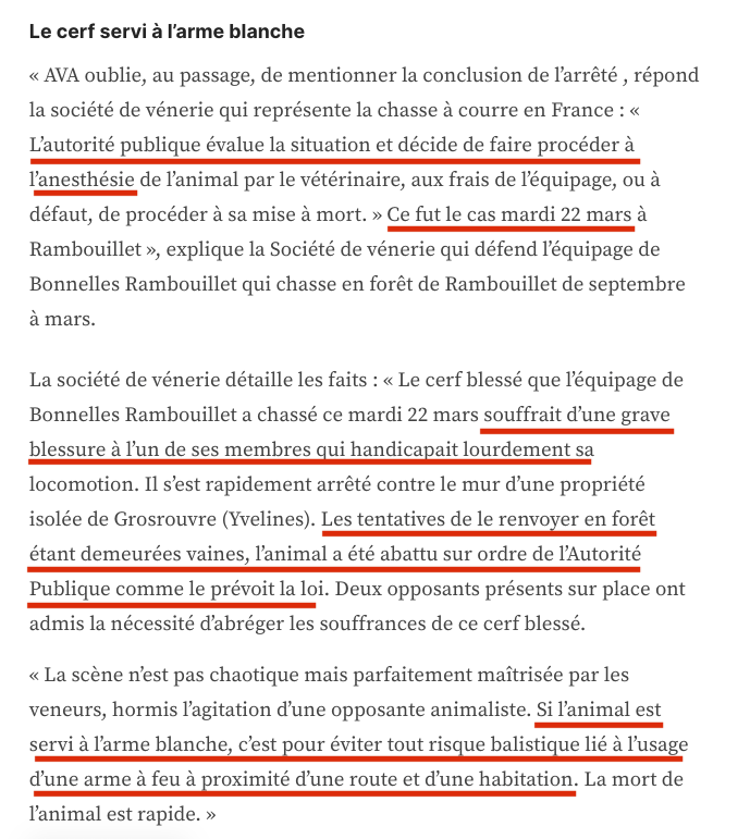 FrancAller_info's tweet photo. Ce petit psychodrame animaliste d'hier, typique des #RS et de notre ami Gégé l'#Indigné #Vegan, était très amusant.
Maintenant revenons au réel. Aux faits et à la Loi ⤵️
#Chasse #ChassePartage
Le 22 mars 2022, ce cerf, déjà lourdement handicapé avant cette chasse par une grave blessure à un antérieur, n'ayant pas pu être renvoyé en forêt, a été achevé sur décision de l'autorité publique, comme le prévoit la loi.
Il l'a été à l'arme blanche, faute d'intervention vétérinaire possible dans un délai suffisamment court, et pour éviter l'usage d'une arme à feu trop dangereuse dans ces circonstances.
Comme le souligne la gendarmerie des Yvelines dans un autre article de presse, « Nous avons bien sollicité un vétérinaire et même le groupe spécialisé dans le secours animalier chez les pompiers. Mais face à l’état désespéré dans lequel se trouvait cet animal, la décision de laisser un chasseur abréger ses souffrances a finalement été prise. C’était un choix collectif, pragmatique. Ce jeune cerf était totalement prostré : il nous a semblé qu’il valait mieux en finir rapidement.»
Ce cerf, grièvement blessé avant la chasse, lourdement handicapé et déjà très affaibli, était condamné à crever lentement en forêt, de septicémie et de cachexie.
L'avoir chassé a permis de lui éviter cette plus longue souffrance.
Désolé, les gens. La Nature, la vraie, pas celle du monde merveilleux et enfantin de Disney, n'est pas un endroit empathique et sympa.
Elle n'a toutefois rien de cruel, pas plus que la chasse : toutes deux sont parfois violentes, juste.
À lire dans la presse locale :
➡️ https://t.co/jca5Y0haHI
➡️ https://t.co/C1rJAgvevw