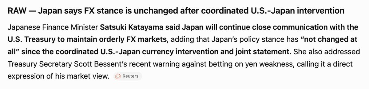 Xfinancebull's tweet photo. JUST IN🚨🚨🚨 Japan says its FX stance has “not changed at all” after the coordinated U.S.-Japan currency intervention.

Finance Minister Satsuki Katayama says talks with the U.S. Treasury remain close.

Is another yen move coming?

$XRP https://t.co/eaknVJUGSV