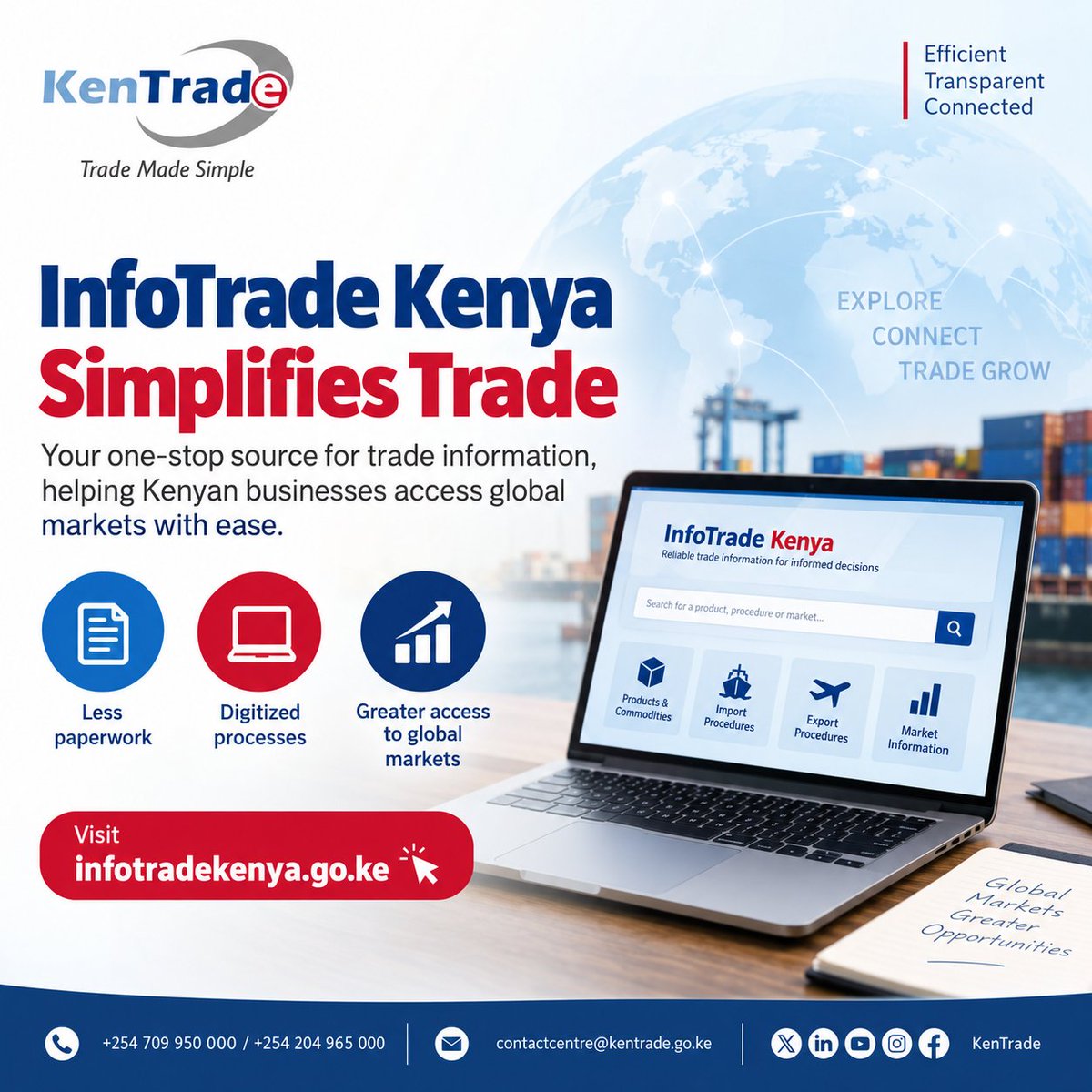 _KenTrade's tweet photo. InfoTrade Kenya simplifies trade by reducing paperwork, digitizing processes, and improving access to global markets for Kenyan businesses.
To learn more on how you can access this information click on:
https://t.co/Yb1xU0pDYj https://t.co/hnT7EacEHC