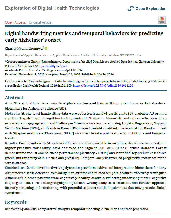 DHPSP's tweet photo. ✍️ Digital handwriting metrics and temporal behaviors for predicting early Alzheimer’s onset. 

👉 Explor Digit Health Technol. 2026;4:1011100. https://t.co/WjQQkY48pz #ExplorDHT #DHPSP https://t.co/8Kues1169M