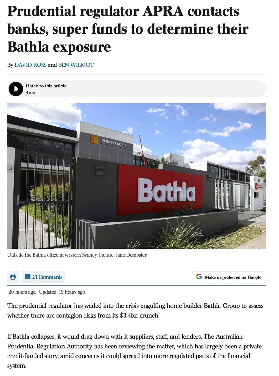 samstrades's tweet photo. 'Prudential regulator APRA contacts banks, super funds to determine their Bathla exposure'
'The prudential regulator has waded into the crisis engulfing home builder Bathla Group to assess whether there are contagion risks from its $3.4bn crunch' 1/2 #ausbiz #Bathla https://t.co/4EEOwNqu5g