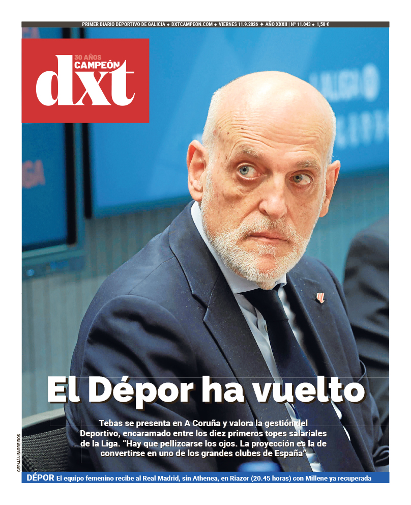 dxt_campeon's tweet photo. 🗞️ La Portada 11 | 09 | 2026
  
◾El Dépor ha vuelto. Tebas se presenta en A Coruña y valora la gestión del Deportivo
◾El equipo femenino recibe al Real Madrid, sin Athenea, en Riazor (20.45 horas) con Millene ya recuperada

📲 https://t.co/b4VTI83aNZ https://t.co/3QYiz7wBZW