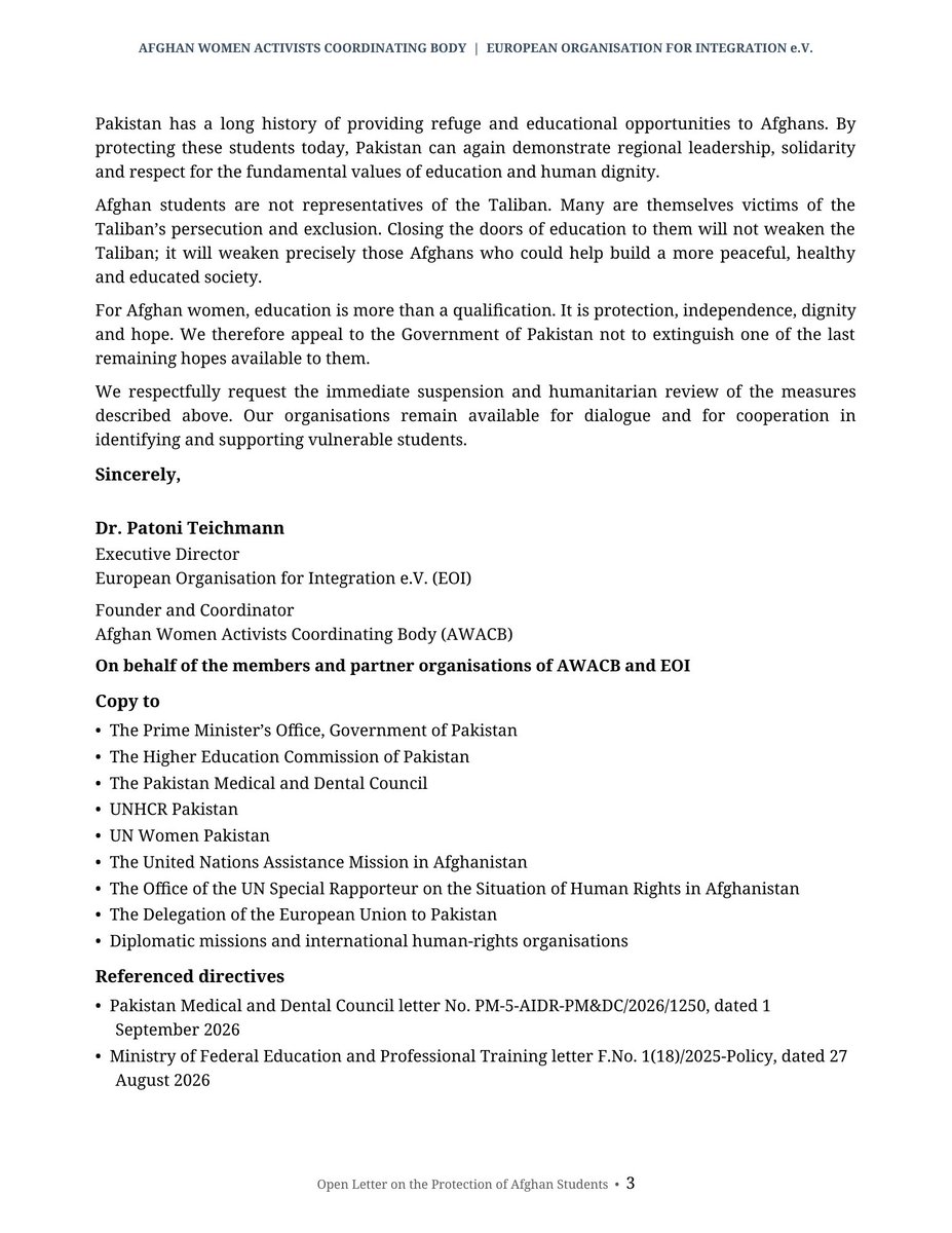 DrPatoni's tweet photo. Our open letter urgently calls on #Pakistan to withdraw policies forcing Afghan medical students back to #Afghanistan and denying recognition of Afghan degrees. For female students, return means the end of education—and possible persecution under the Taliban. Education is their only hope. Act now.

@Dr_KMSOfficial @MIshaqDar50 @MohsinnaqviC42 @AmirMuqamAM
@EduMinistryPK @hecpkofficial @ForeignOfficePk @MOIPakistan @MinistrySafron @GovtofPakistan @PakPMO @Dr_KMSOfficial @MIshaqDar50 @MohsinnaqviC42 @AmirMuqamAM @SR_Afghanistan
@UNAMAnews
@UN_HRC
@UNHCRAfg
@SaraNanni 
#NoEUDealsWithTaliban #DontNormalizeTaliban #EUValuesMatter #HumanRightsNotDeportations
@vonderleyen
@AuswaertigesAmt
@EPinASEAN
@ManonAubryFr
@Tineke_Strik
@HannaGedin
@C_AB_
@HNeumannMEP
@unwomenchief
@AmnestyUN
@UN_Women
@unwomenpacific
@heatherbarr1
@ProAsyl
@RESCUEorg
@DEonHumanRights
@heatherbarr1