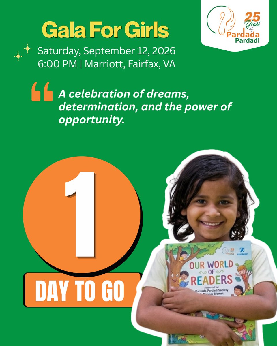 PardadaPardadi's tweet photo. ✨✨ TOMORROW IS THE DAY! ✨

We’re just ONE DAY away from celebrating 25+ years of dreams, education, determination &amp; empowerment. 💛

📅 Sep 12, 2026 | ⏰ 6 PM onwards
📍 Marriott, Fairfax, VA
🎟️ Last chance to join us: https://t.co/wMb5uknay9 https://t.co/Tnu9owq3es