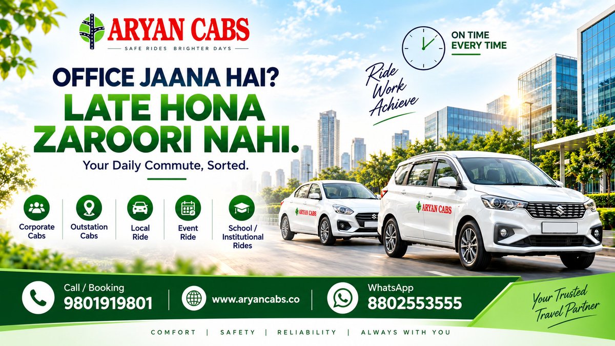 aryan77645's tweet photo. Office jaana hai? Late hona zaroori nahi! 🚗 Aryan Cabs – safe, comfy &amp; on time. 
📞 9801919801 | WhatsApp: 8802553555 #AryanCabs #OfficeCommute https://t.co/Kmpuj62ore
