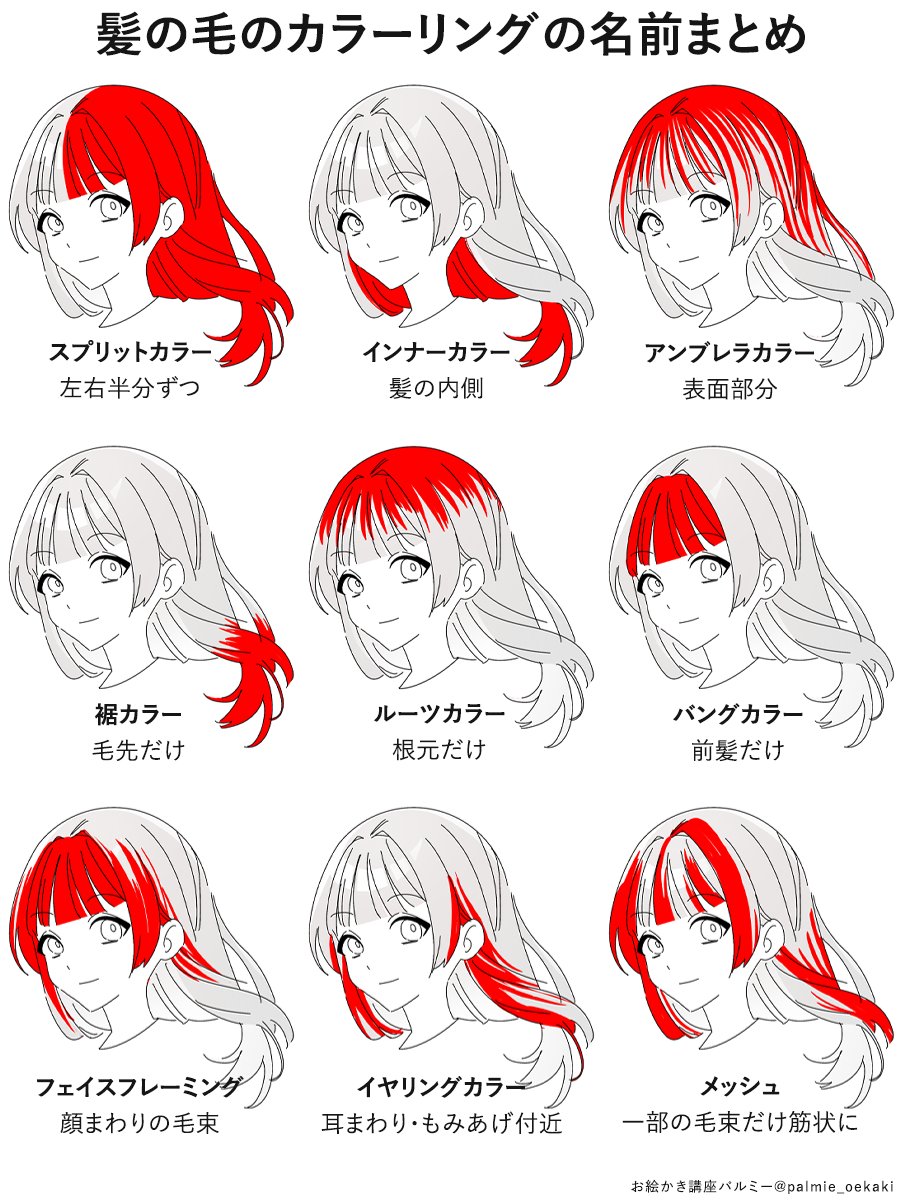 palmie_oekaki's tweet photo. 髪の毛のカラーリングの名前まとめ👂
キャラデザや創作ネタの参考にどうぞ！ https://t.co/gTXvSeiy38