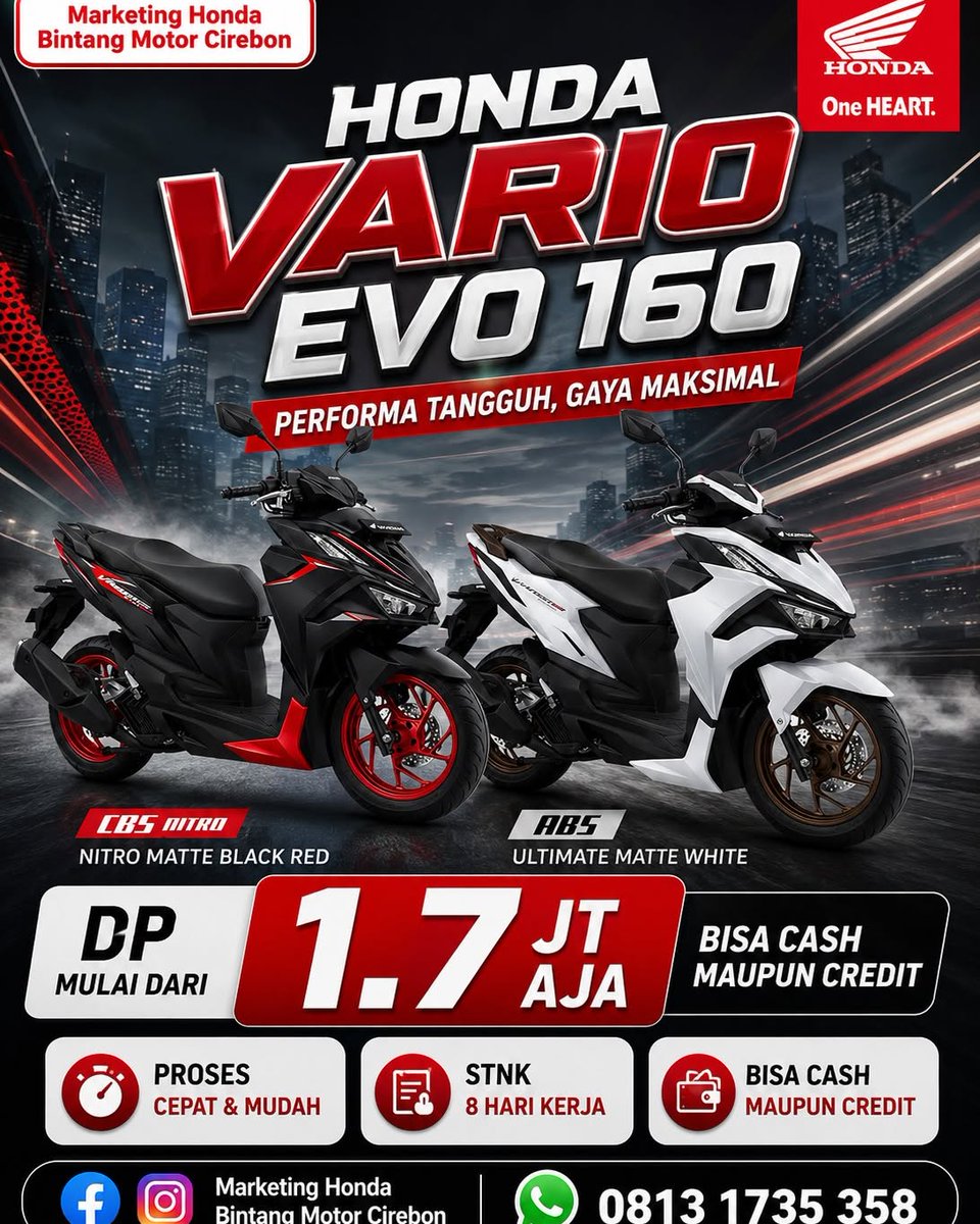 TashiaBoele's tweet photo. HONDA VARIO EVO 160 – Powerful Performance, Maximum Style! Ride with confidence on every journey. Modern design, a powerful yet fuel-efficient 160cc engine, and everyday comfort for commuting or touring. Special promo: Down payment from Rp1. 7 https://t.co/eGw5z8EZ6I