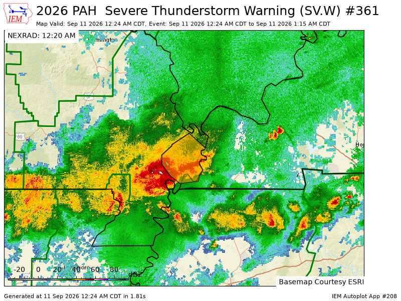 TriStateAlert's tweet photo. PAH issues Severe Thunderstorm Warning [wind: 60 MPH (RADAR INDICATED), hail: 0.00 IN (RADAR INDICATED)] for Fulton [KY] and Mississippi, New Madrid [MO] till 1:15 AM CDT https://t.co/RogLuxahwx https://t.co/IcDM67DlFw