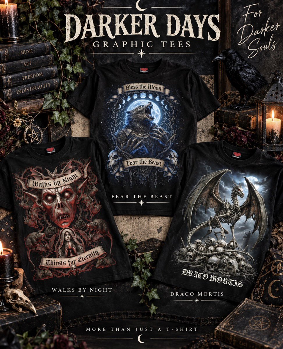 SpiralDirect's tweet photo. Darker days call for darker tees 🖤🌙

Which are you choosing; Fear the Beast, Walks By Night or Draco Mortis? 👀 https://t.co/MGoSlEqzHe