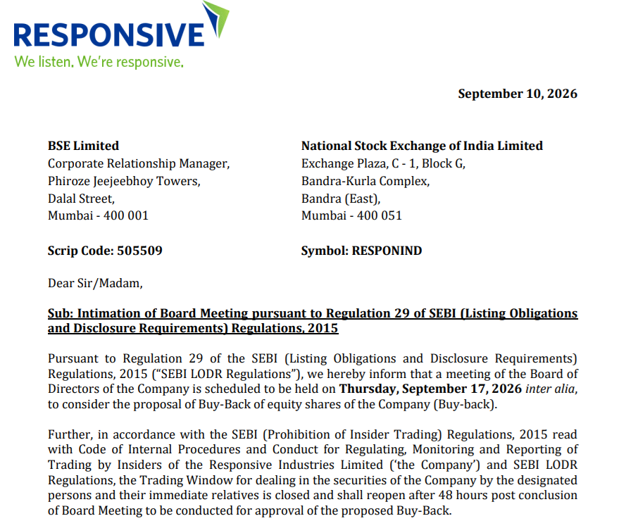 share_buyback's tweet photo. Responsive Industries Ltd : Company Board confirm board meeting on 17th September 2026 to consider buyback of shares.
CMP : INR 171
Mkt Cap : 4,564 cr
#RESPONIND #sharebuyback #buyback #FIIs https://t.co/wYj9xi0Q4e