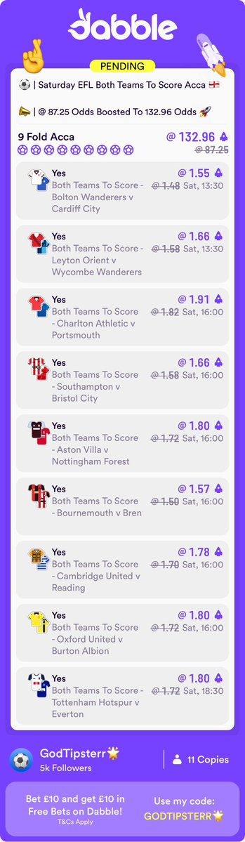 GodTipsterr's tweet photo. ⚽️ | Saturday EFL Both Teams To Score Acca 🏴󠁧󠁢󠁥󠁮󠁧󠁿 

📣 | @ 87.25 Odds Boosted To 132.96 Odds 🚀 

Sign Up - HERE
https://t.co/Y8F9X4zB36

Free £10, simple as that. 🤝

Search 'GodTipsterr' &amp; Copy bet ✅️

Let's see if we can get 200 copies on this one ⚽️🏆

18+ Gambleaware https://t.co/KjcxFVZHpz