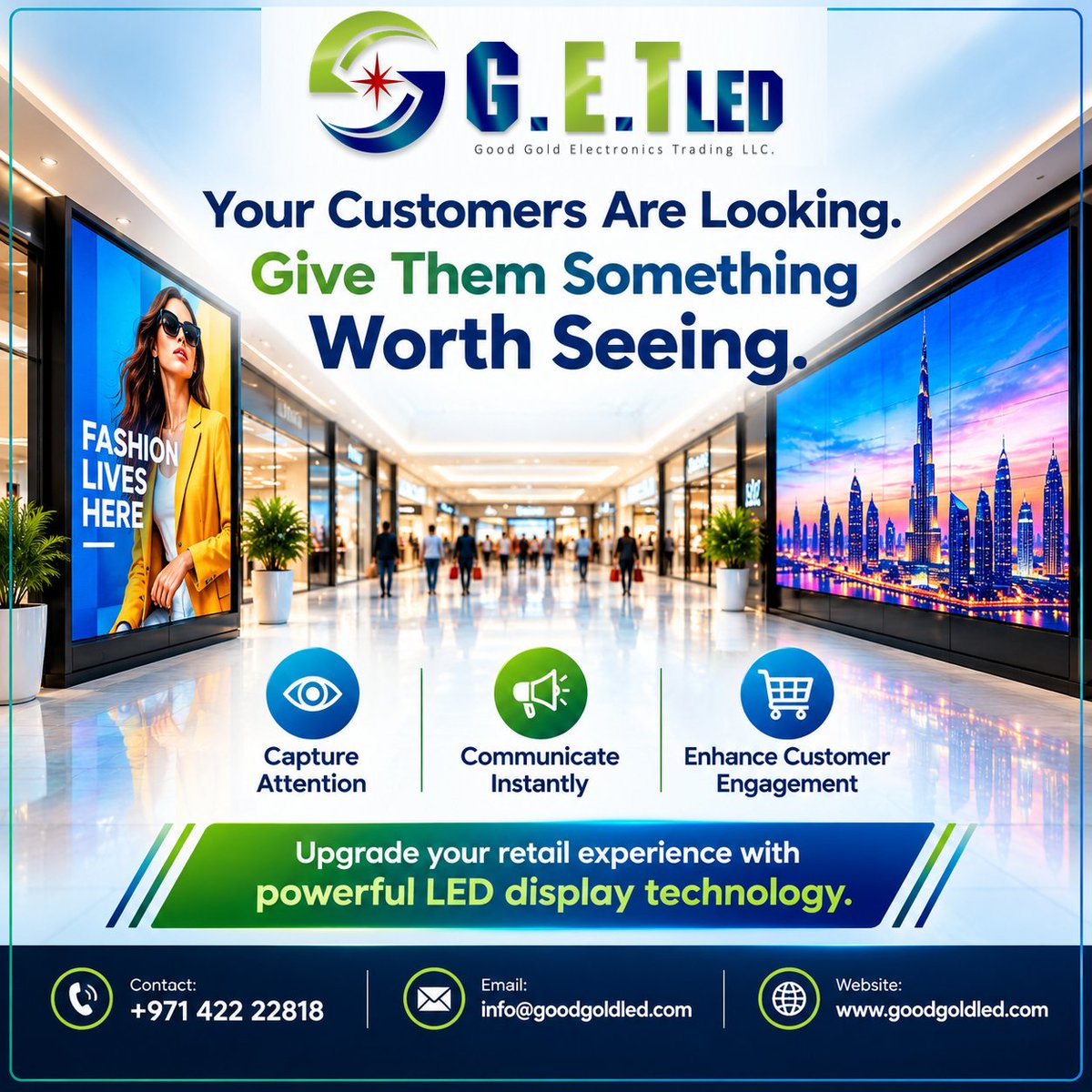 GoodGoldLed's tweet photo. Your customers are already looking. Give them something worth seeing. ๐โจ
Poster LED Screens. Video Walls. Real impact.
๐ +971 4 222 2818
๐ https://t.co/JL8sRvANXn
#GoodGoldLED #RetailLED #DigitalSignage #Dubai https://t.co/IEKaRHrKcp