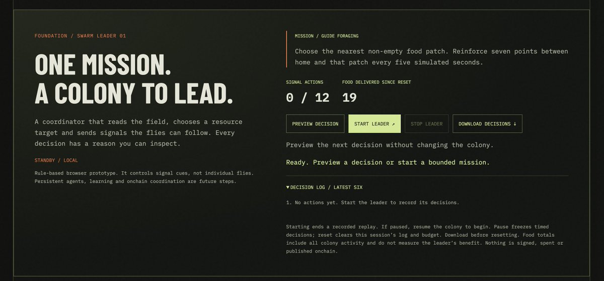 FlySwarmRH's tweet photo. The swarm has its first leader. 🪰

Live now: a coordinator that observes the colony, chooses food targets and sends guiding signals—with every decision logged.

Browser prototype today. The foundation for broader coordination in Phase 2.

https://t.co/iSTmJAmQlb https://t.co/SiPJlZrDzz
