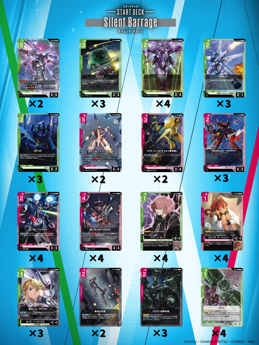 GUNDAM_GCG_JP's tweet photo. 【お知らせ】
スタートデッキ[ST11]～[ST14]のカード収録枚数を公開！

発売は9/26(土)です。
ぜひお買い求めください！

▽商品ページはこちら
・『Aquatic Assault[ST11]』
https://t.co/6IQRlnPhRq

・『Raging Onslaught[ST12]』
https://t.co/5Xk32wrnrh

・『Silent Barrage[ST13]』
https://t.co/KKaxOCyNlD

・『Heavy Dominion[ST14]』
https://t.co/gKMWHu12L3

#ガンダムカード
#GCG