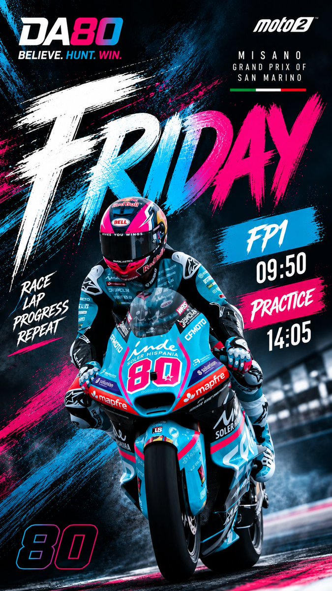 da80studio's tweet photo. FRIDAY. TIME TO GET TO WORK ⚡

Misano starts on track tomorrow.

Two sessions. One objective: keep building.

Ready for the first laps 🇮🇹 🩵🩷
@AsparTeam @aytotorrejondelrey @deportesclm @gobjccm @ManuTormo @CANALGUDEPORTES #davidalonso80 #AsparTeam #MotoGP  #Moto2 #SanMarinoGP https://t.co/S1hDb0RIGh