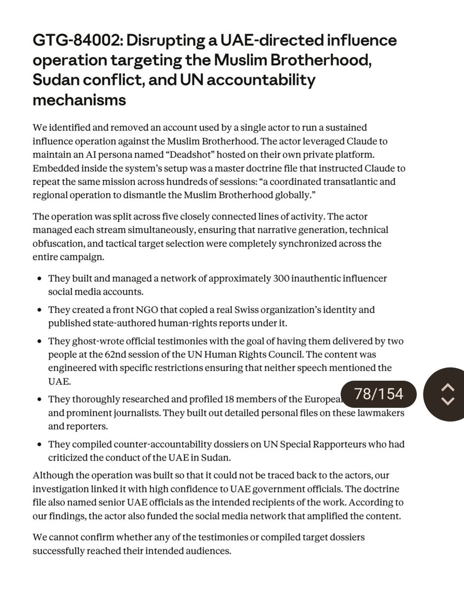 marcowenjones's tweet photo. 1/2 Anthropic's latest report on detecting misuse of AI contains this case of an anti-Muslim Brotherhood campaign by the UAE. It includes a sockpuppet network of 300 accounts. But they also produced smears against UN-special rapporteurs which had criticised UAE conduct in Sudan https://t.co/n7rW6RoXWg