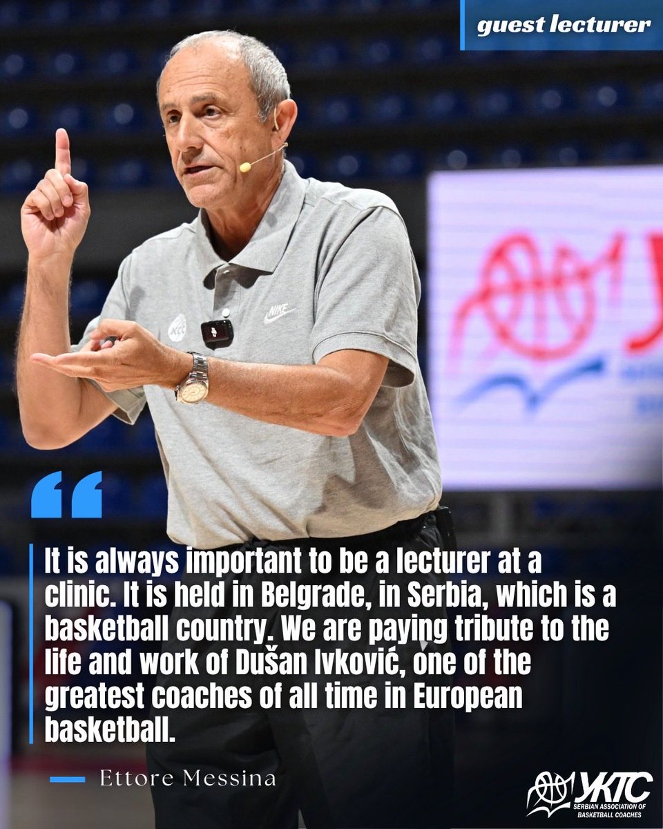 SABC_UKTS's tweet photo. 🏀 Etore Mesina, predavač 25. Beogradske košarkaške klinike „Dušan Ivković“, u magazinu TRENER govori sa velikim poštovanjem o srpskim trenerima i našoj košarkaškoj filozofiji, ali i o sopstvenim principima rada. Pročitajte intervju: [LINK] https://t.co/uZzt3RhEjq https://t.co/eIPdkYLZ8a