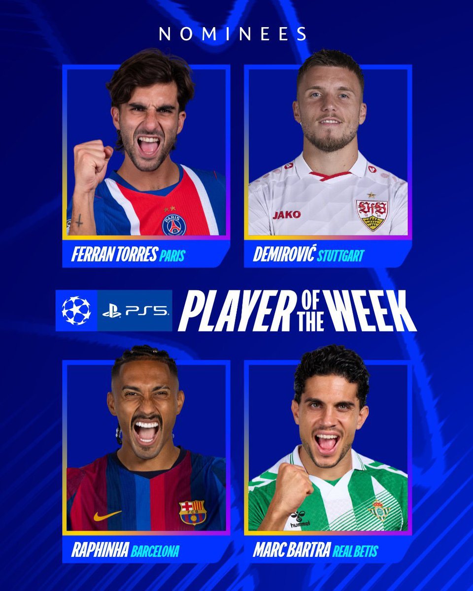 TouchlineX's tweet photo. 🚨 𝗢𝗙𝗙𝗜𝗖𝗜𝗔𝗟: These are the nominees for the Champions League Player of the Week:

• Ferran Torres
• Demirovic
• Raphinha
• Marc Bartra

Three of these are or once were Barcelona players. https://t.co/lO03QOZT9a