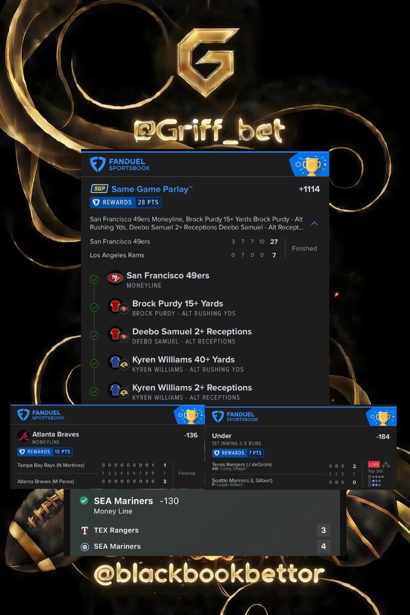 Griff_bet's tweet photo. We up!! Join @BlackbookBettor free trial link in bio
#GamblingX #NFL #MLB #parlay #bet #TNF 🏈⚾️💰 https://t.co/AeTNamaAWd