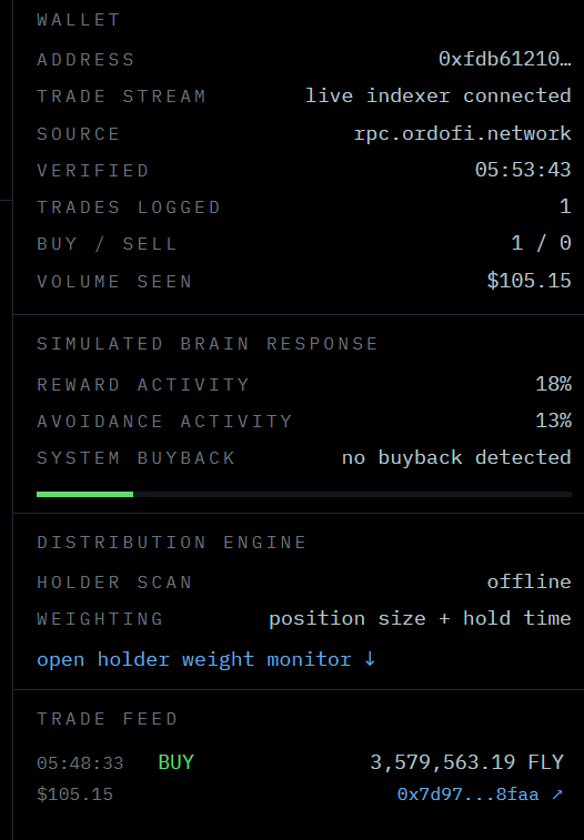 flytradesrh's tweet photo. FLYTRADE is now fully functional and the website is online.

Youo can go check the Live Feed of the wallet on our website - https://t.co/tsEjtehci4

The live experiment is running, the fee loop is ready, and the next phase starts now:

The loop is about to begin. https://t.co/0mhSVHmy6E