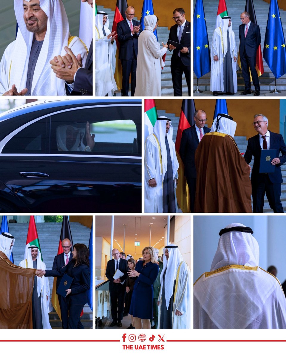 theuaetimes's tweet photo. UAE President HH Sheikh Mohamed bin Zayed Al Nahyan and German Chancellor Friedrich Merz witnessed the announcement of 12 agreements and memoranda to strengthen UAE-Germany cooperation in investment, strategic dialogue, aviation, defence, energy, data centres, security, environment and culture.