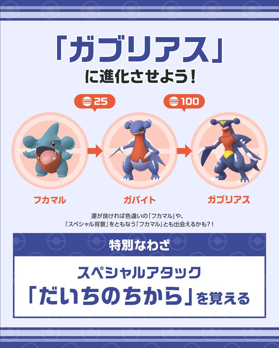 PokemonGOAppJP's tweet photo. ˗ˏˋ 9月 コミュニティ・デイ（復刻）ˎˊ˗

9月12日14時から17時まで、
「フカマル」が再び野生でいつもより多く出現します🎉

「フカマル」を「ガブリアス」まで進化させて
特別なわざ「だいちのちから」を覚えさせましょう🌟

https://t.co/4HiSOvH6P2

#PokemonGOCommunityDay #ポケモンGO https://t.co/FE37bg9qX5