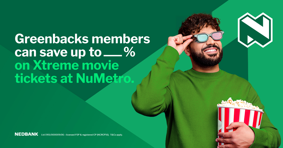 Nedbank's tweet photo. Stand a chance to win 1 of 15 Avo vouchers worth R1 000 each! 😁

Fill in the blank: Greenbacks members can save up to ___% on Xtreme movie tickets at NuMetro. Comment #ThankGreenbacksItsFriday and your answer, and you could win. 

T&amp;Cs apply. https://t.co/a31SW0a4rQ