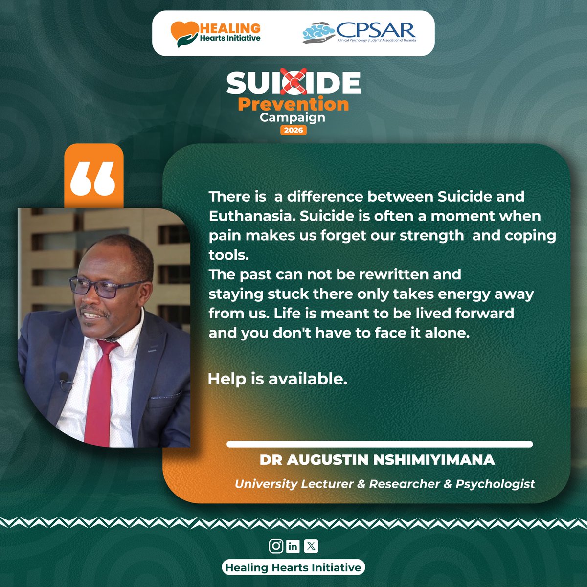 cpsarwanda's tweet photo. Suicide prevention starts with understanding. 
 As part of our Suicide Prevention Campaign 2026, we are honored to share this message from Dr. Augustin NSHIMIYIMANA (@NshimiyimanaDr ), University Lecturer, Researcher, and Psychologist. https://t.co/xPikhp8SKa