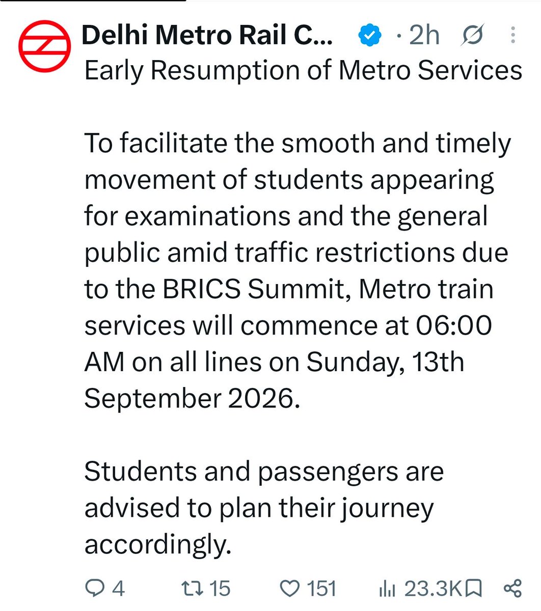 dtptraffic's tweet photo. Yesterday, we received a concern from a CDS aspirant regarding the availability of early morning Metro services to reach the examination centre before reporting time.
Taking note of this genuine concern, Delhi Traffic Police promptly coordinated with @OfficialDMRC to facilitate candidates appearing for the NDA/CDS Examination.
We are pleased to share that Delhi Metro services will commence from 6:00 AM across all lines on the examination day.
We sincerely appreciate DMRC’s prompt response and cooperation in facilitating the aspirants.
Your concern matters to us. Every aspirant’s journey matters.
Best wishes to all NDA/CDS aspirants for the examination.
@LtGovDelhi
@CPDelhi
@CMODelhi
@DelhiPolice
@OfficialDMRC
@adanshh