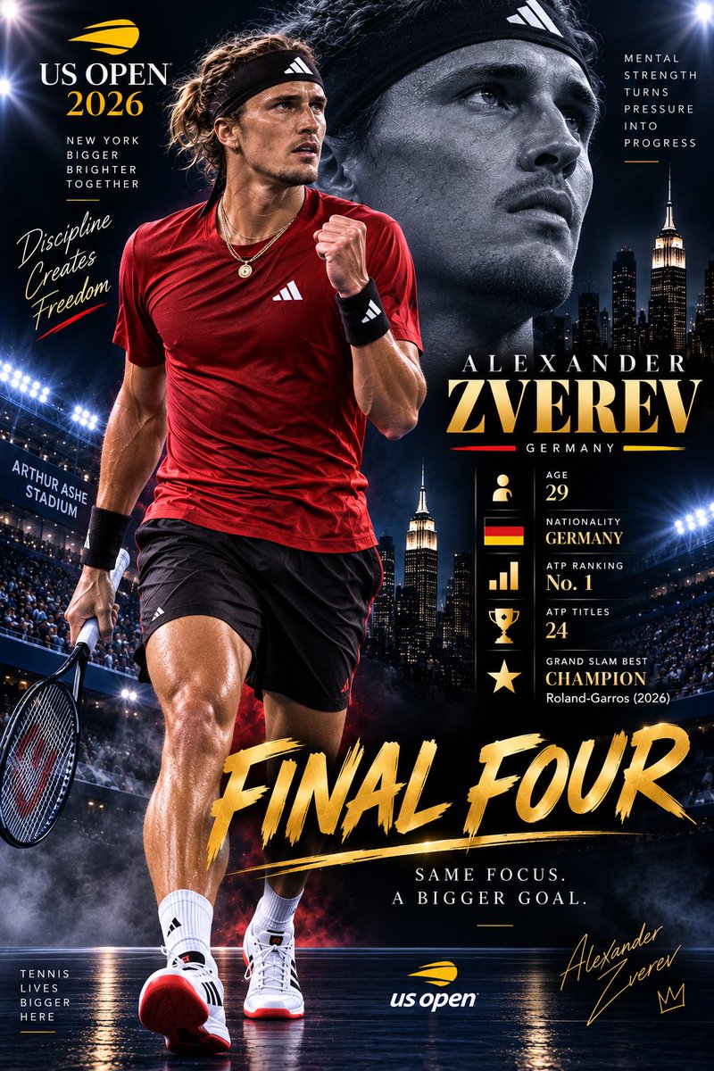 MartinVadebonc1's tweet photo. ALEXANDER ZVEREV — FINAL FOUR 🇩🇪🔥

Same focus. A bigger goal.

Experience, discipline, power — Zverev is back in the US Open Final Four.

Four players remain. The trophy is getting closer. 🏆

#USOpen2026 #AlexanderZverev #FinalFour #Tennis #USOpen #GENEX https://t.co/NH8CJznkPq
