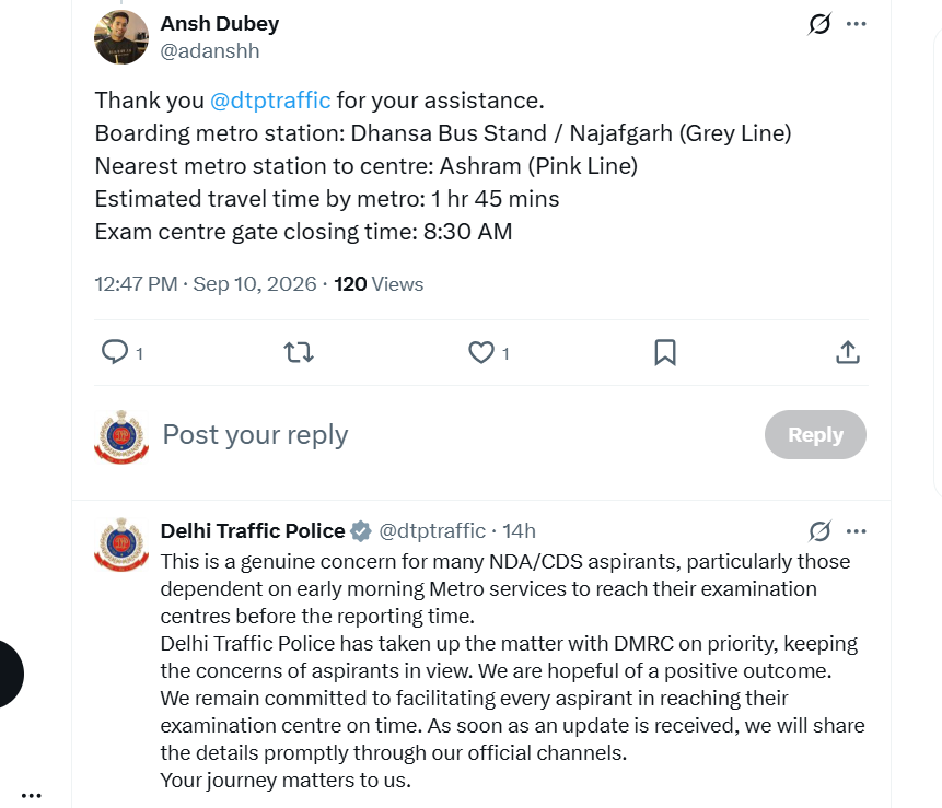 dtptraffic's tweet photo. Yesterday, we received a concern from a CDS aspirant regarding the availability of early morning Metro services to reach the examination centre before reporting time.
Taking note of this genuine concern, Delhi Traffic Police promptly coordinated with @OfficialDMRC to facilitate candidates appearing for the NDA/CDS Examination.
We are pleased to share that Delhi Metro services will commence from 6:00 AM across all lines on the examination day.
We sincerely appreciate DMRC’s prompt response and cooperation in facilitating the aspirants.
Your concern matters to us. Every aspirant’s journey matters.
Best wishes to all NDA/CDS aspirants for the examination.
@LtGovDelhi
@CPDelhi
@CMODelhi
@DelhiPolice
@OfficialDMRC
@adanshh