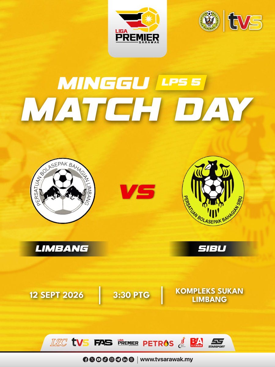fa__sarawak's tweet photo. LIGA PREMIER SARAWAK 2026

MATCH DAY MINGGU KE-5

Saingan Liga Premier Sarawak 2026 Minggu Ke-5 bakal diteruskan dengan pertembungan antara Limbang dan Sibu.

12 September 2026 (Sabtu)
3.30 Petang
Kompleks Sukan Limbang https://t.co/QHDsh3r8ya
