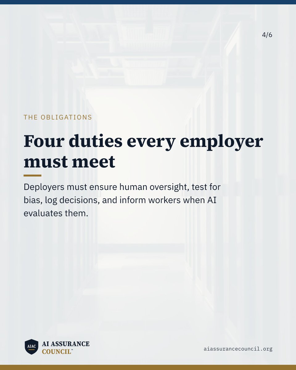TheAIACouncil's tweet photo. Using AI to hire, evaluate, or manage workers is now subject to strict scrutiny.

Across recruitment and performance management, organisations rely on automated tools to screen resumes, analyse interviews, and allocate tasks. Under the EU AI Act, systems used for recruitment, task allocation, and employee monitoring are classified as high-risk.

Deploying these tools creates specific duties for employers. You must be able to prove that a qualified human oversees the tool, that models were tested for bias, and that affected staff are clearly notified.

A vendor statement saying an AI tool is fair does not satisfy an auditor. Regulators and assurance teams require verifiable logs, recorded intervention thresholds, and documented drift reviews.

Sources:
- EU AI Act, Annex III, Point 4 — https://t.co/fqZDiRlgu1

AI Assurance Council ™ — the competency standard for AI assurance. Registration open. https://t.co/1jY6mohiy1

#EUAIAct