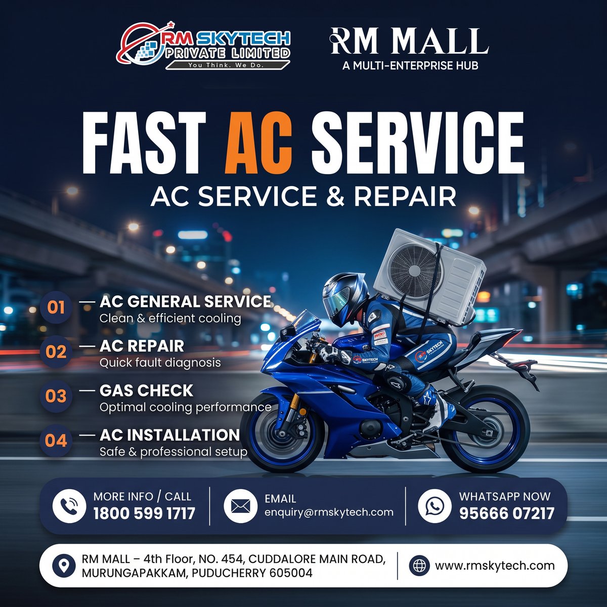 rm_repair_serv's tweet photo. โ๏ธ FAST AC SERVICE! ๐ง
Donโt let AC problems slow you down! Get professional service from RM Skytech.
โ
General Service
๐ง Repair
๐จ Gas Check
๐ Installation
๐ฒ 95666 07217
๐ https://t.co/0JYY1sEg9f
#RMSkytech #ACService #ACRepair #ACMaintenance #Puducherry #CoolingSolutions https://t.co/OT5yUf0gi8