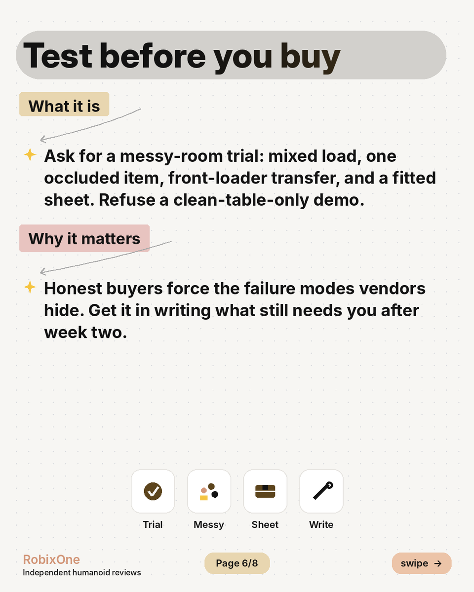 robixone's tweet photo. 2/2 Test messy: mixed load, occluded sock, fitted sheet. Time the whole loop incl. resets.

Expect ~30–50% less human effort — not 100%.

Full laundry mastery guide: https://t.co/j5qTJmFO46 https://t.co/BFoi7cFNga