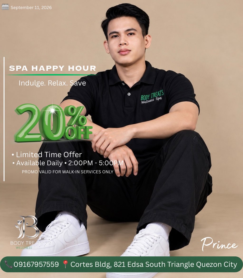 bodytreatsQC's tweet photo. HAPPY HOUR | FRIDAY ๐โจ
The weekend starts with a little extra relaxation! Enjoy 20% OFF your massage from 2:00 PMโ5:00 PM. ๐โโ๏ธ
Walk-in guests only.
Drop by and start your weekend feeling refreshed! ๐ฟ
#BodyTreatsWellnessSpa #HappyHour #FridayRelaxation https://t.co/vLPZpyGbqY