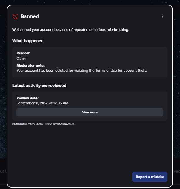 OnleDev's tweet photo. Roblox terminated my account, alleging account theft. I never compromised or misused anyone's account — I believe this was a moderation mistake. My appeal ticket a0518850-96a9-42b2-9bd2-59c523f02608 has gotten no real response, just a generic denial. Hoping @robloxdevrel can take a closer look. #roblox #robloxdev