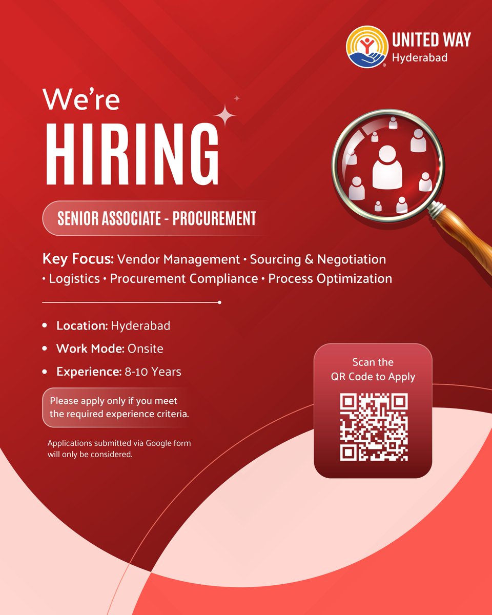 unitedwayhyd's tweet photo. 📢We’re Hiring!
Senior Associate - Procurement | Hyderabad
💼8-10 years experience
Looking for a hands-on procurement professional with expertise in vendor management, negotiations, compliance &amp; process optimisation.
📩Apply: https://t.co/A89KK87xDA https://t.co/muJbrejZwL