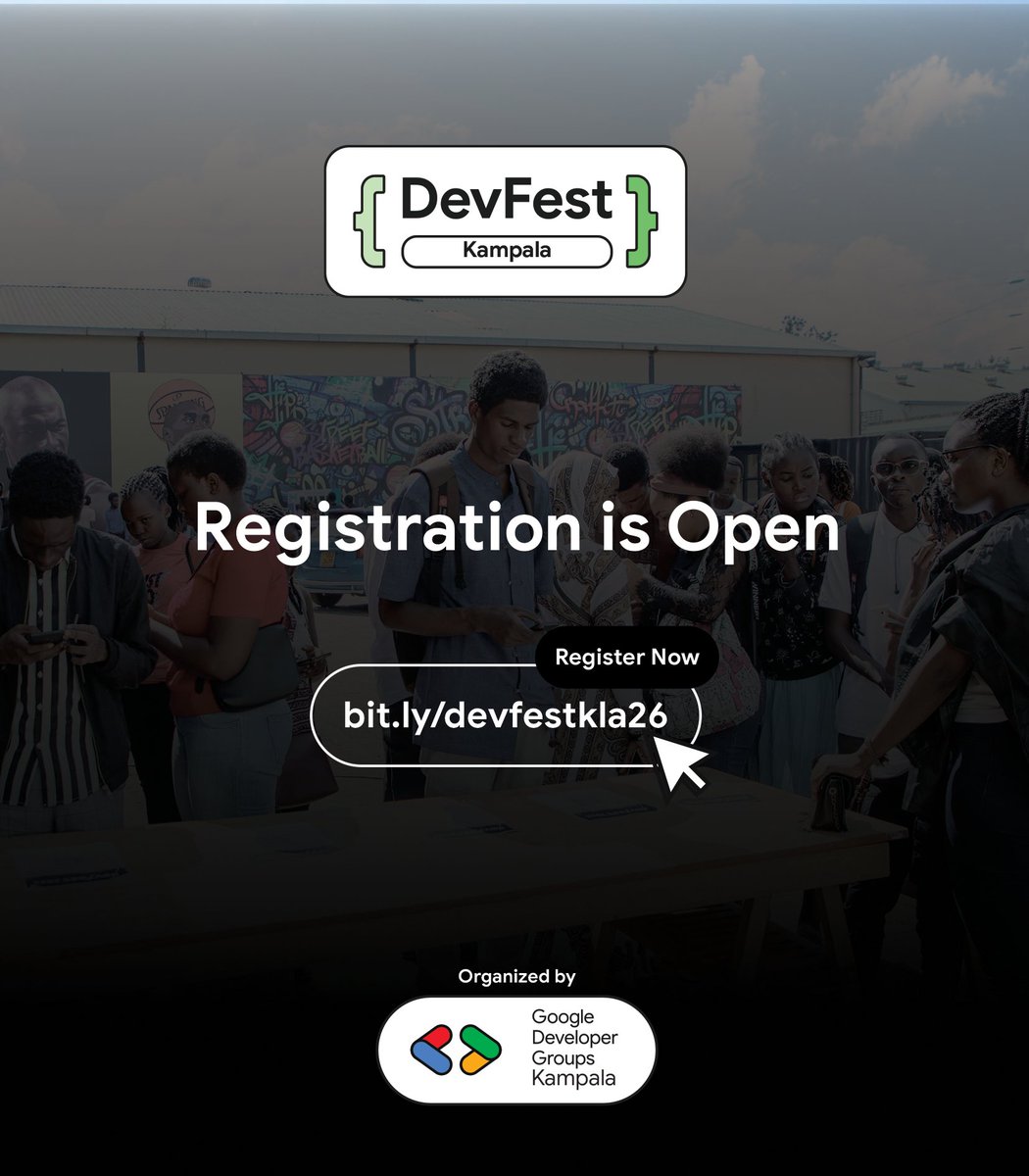 GDGCloudKampala's tweet photo. Registration for DevFest Kampala 2026 is OPEN! (In case you didn't know:)

 If you've been waiting for your sign… this is it. 👀

 Register now: https://t.co/qIanTTCI7t to reserve your spot

  #DevfestKampala26 #DevfestKla26 https://t.co/9I5pkCJNpn