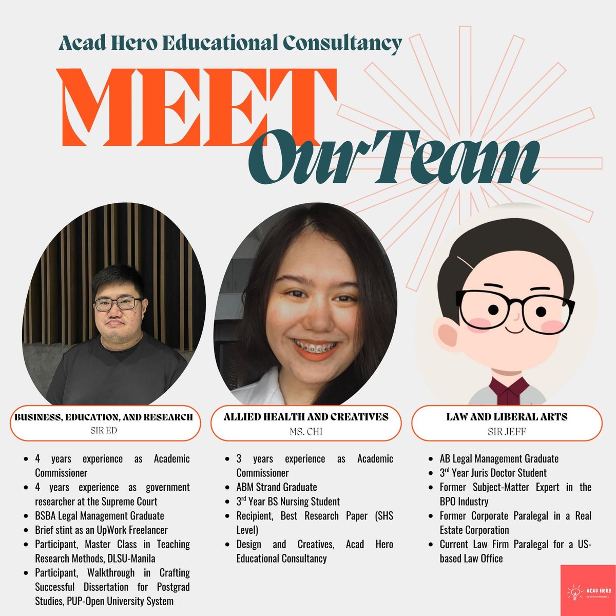 edacadcomms's tweet photo. Meet the reliable and experienced team behind the continued success of Acad Hero! DM us for your academic needs 📩✨

✨ lf commissioner lf client thesis strama bus plan feasibility study essay grammarian proofread statistician ANOVA Pearson t-test case study case digest action research capstone term paper rrl rrs research paper proofread postgrad masteral law juris doctor powerpoint brochure flyers literature review article review thesis revisions