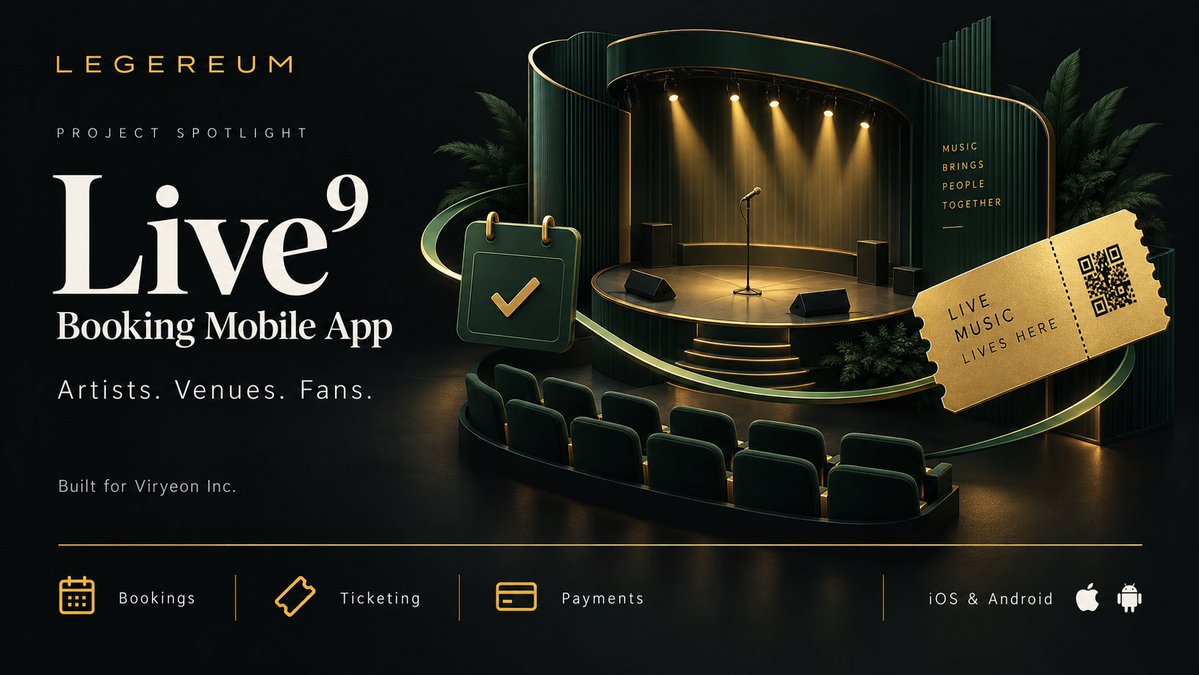 Legereum_Tech's tweet photo. Artists. Venues. Fans. One app.

We built Live⁹ for Viryeon Inc. bringing bookings, ticketing, QR check-in and Stripe + crypto payments to iOS and Android.

Building an app for your industry? DM “BUILD” and tell us what you’re planning. https://t.co/2dbOMyoLlV
