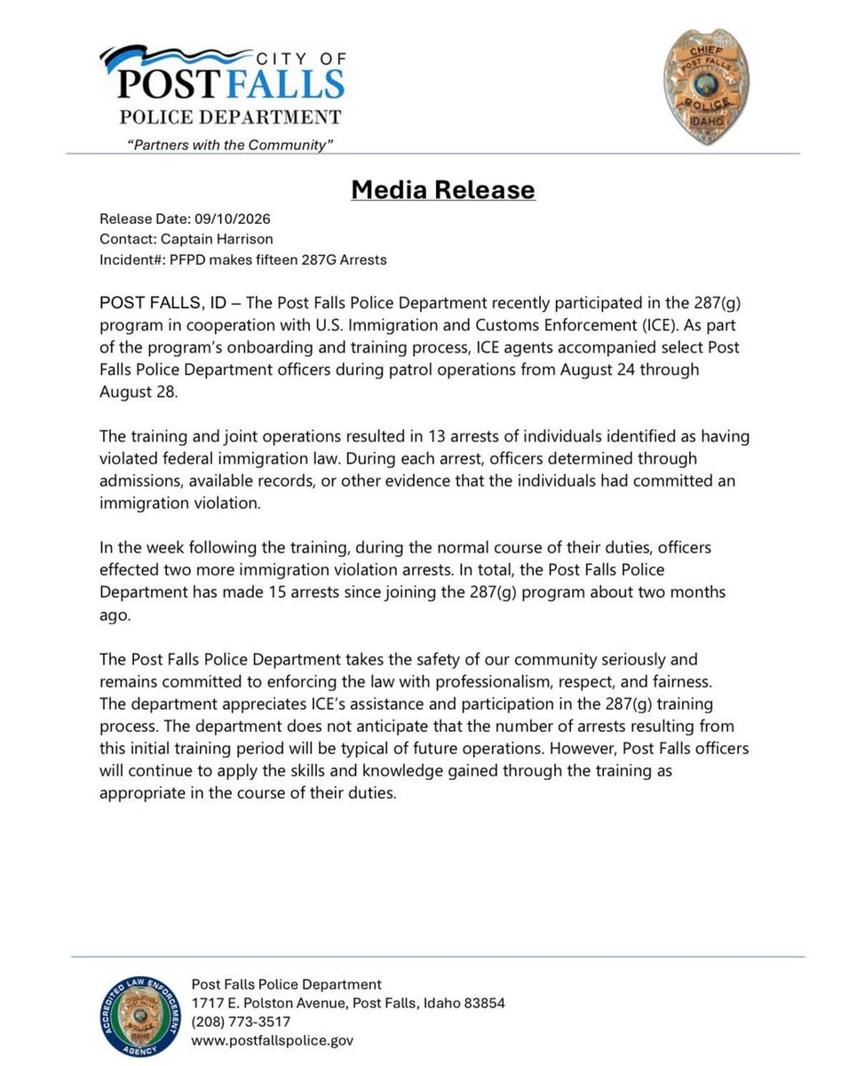 randy_westlund's tweet photo. Post Falls is fully operational with our 287(g) partnership with ICE! Some say there aren't many illegal aliens in North Idaho, but we arrested 13 during the first few days in a joint operation with ICE by checking some job sites. We're up to 15 now. How many are really here? https://t.co/wTB6VFrJpb