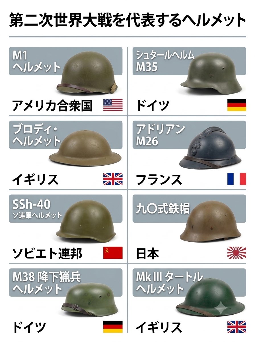 8wa16's tweet photo. 第二次世界大戦を代表するヘルメット

*主要参戦国の兵士が使用した代表的な軍用ヘルメット8種 https://t.co/XyGth1jfDf