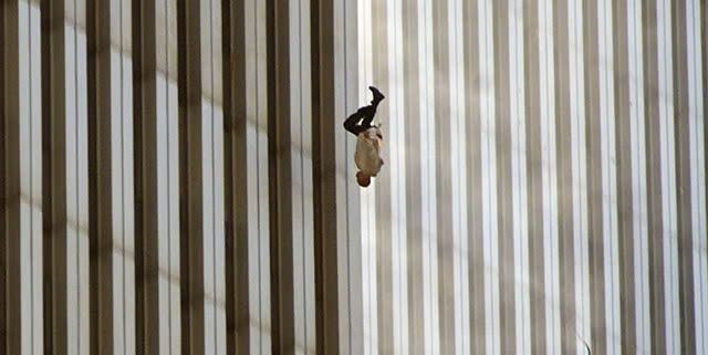 BillMuehlenberg's tweet photo. He is in the clutches of pure physics, accelerating at a rate of thirty-two feet per second squared. He will soon be traveling at upwards of 150 miles per hour, and he is upside down. In the picture, he is frozen; in his life outside the frame, he drops and keeps dropping until he disappears. They began jumping not long after the first plane hit the North Tower, not long after the fire started. They kept jumping until the tower fell. They jumped through windows already broken and then, later, through windows they broke themselves. They jumped to escape the smoke and the fire; they jumped when the ceilings fell and the floors collapsed; they jumped just to breathe once more before they died. They jumped continually, from all four sides of the building, and from all floors above and around the building’s fatal wound. 
For more than an hour and a half, they streamed from the building, one after another, consecutively rather than en masse, as if each individual required the sight of another individual jumping before mustering the courage to jump himself or herself.