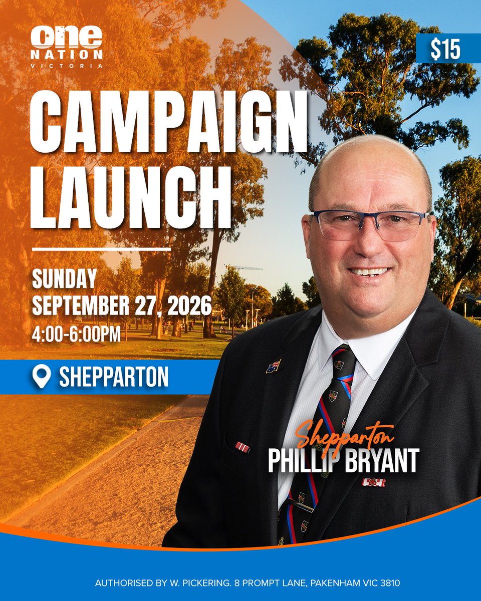 OneNationVic's tweet photo. Join us in Shepparton for the official campaign launch of Phillip Bryant, One Nation candidate for Shepparton 🇦🇺

Come along to meet Phillip Bryant, hear from him directly, and connect with local supporters and like-minded people as One Nation prepares for the Victorian State Election.

Join us and be part of the campaign to deliver stronger representation for Shepparton and Victoria. 🇦🇺

Location details will be emailed to ticket holders on the day of the event.

BOOK HERE: https://t.co/1Q0oM8dpGA